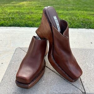 MIA Wooden Leather Studded Platform Heel Mule Clog Shoes Brown 10